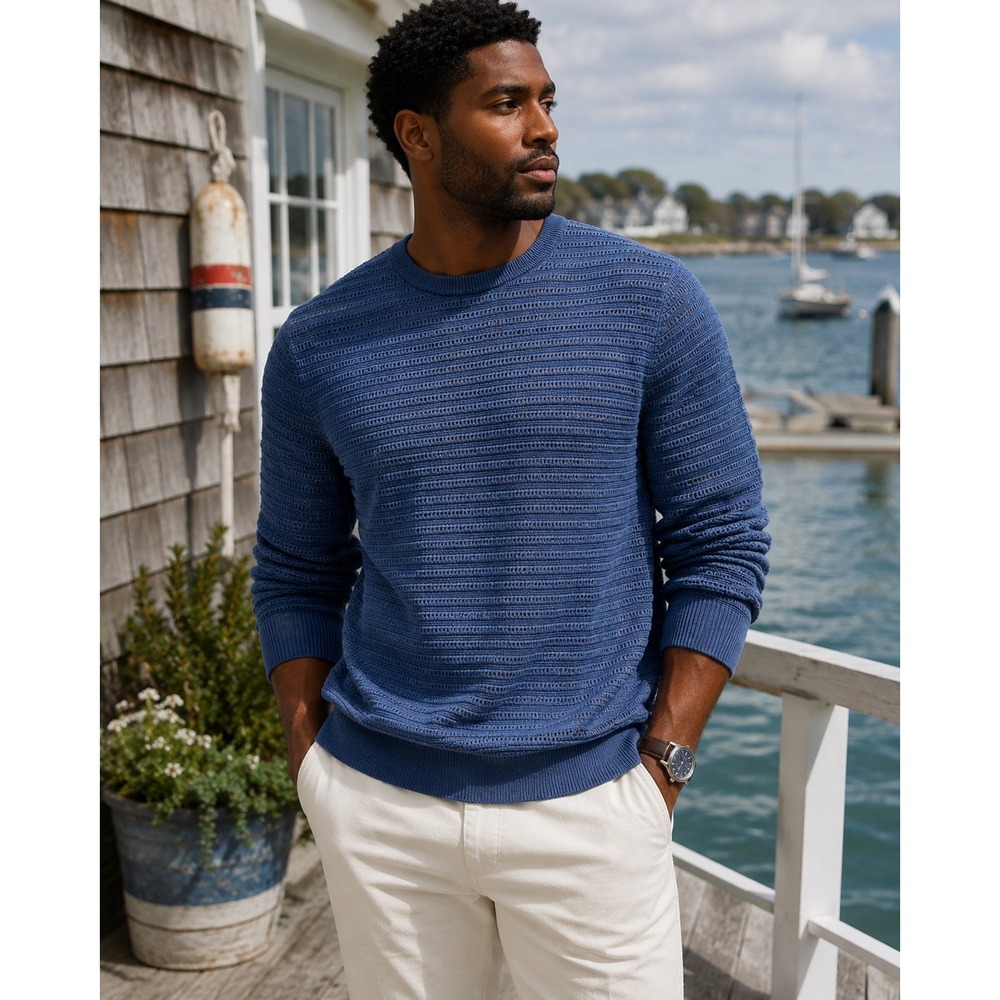 Jos A Bank 1905 Mens M Denim Blue Textured Cotton Crewneck Sweater Open Knit
